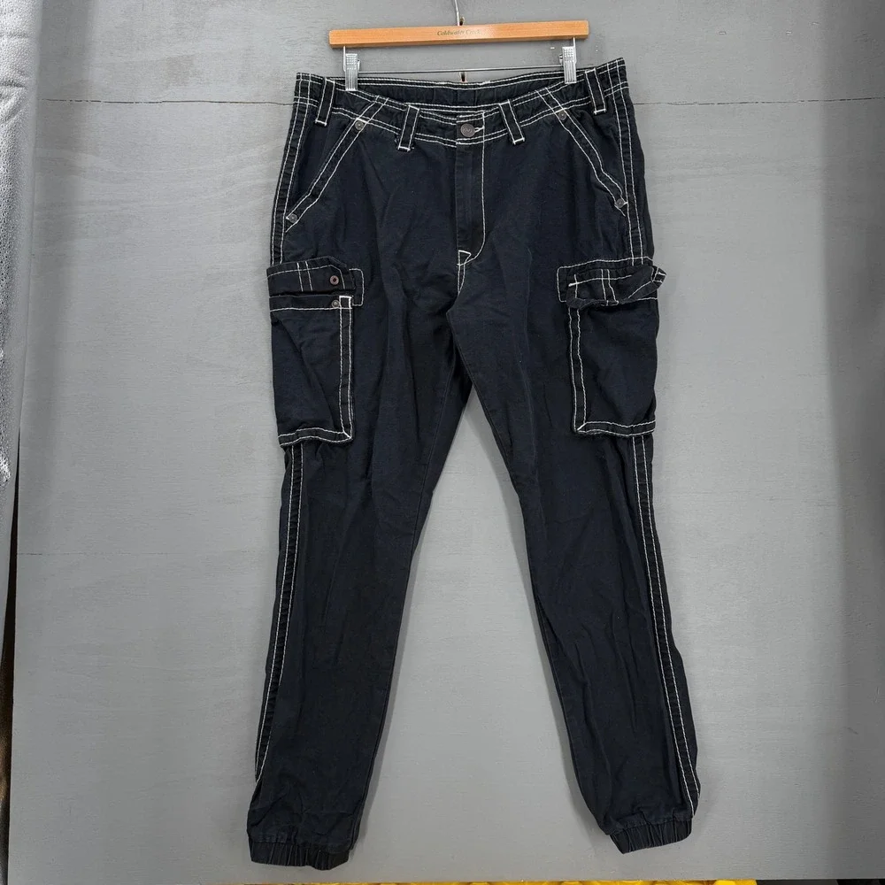 True Religion Cargo Jogger Pants Black Big T Contrast Stitch Size 34